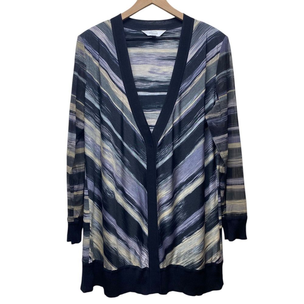 Exclusively Misook Cardigan Women 1X Stripe Knit Button Front Sweater Black Gray - Picture 1 of 5